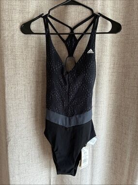 NWT Adidas Black Swimsuit with Charcoal Band and Strappy Back 32B